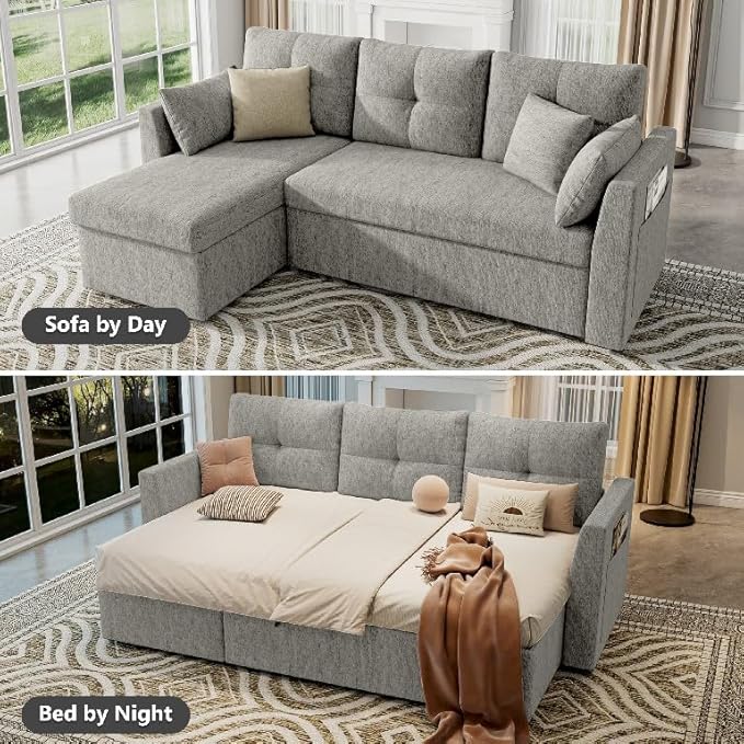 Huatean Home Sleeper Sofa Couch, 2 in 1 Sectional Sleeper Couch Bed with Side Pocket, Pullout Sofa Bed with Storage Chaise for Living Room, Light Grey
