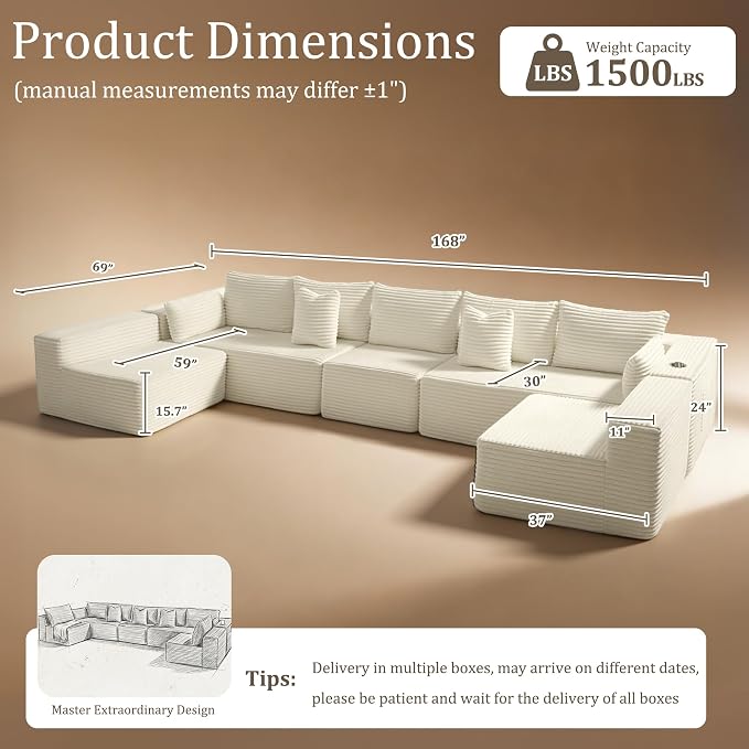 168" Cloud Sectional Couch, Comfort U Shaped Sofa for Living Room, Extra Deep Seats No Assembly, Minimalist Modular Couch, Corduroy (Cream, 7 Seats,U-Shape B)