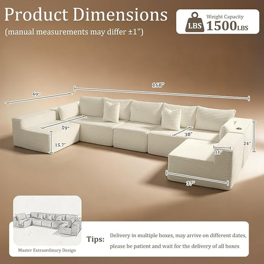 168" Cloud Sectional Couch, Comfort U Shaped Sofa for Living Room, Extra Deep Seats No Assembly, Minimalist Modular Couch, Corduroy (Cream, 7 Seats,U-Shape B)