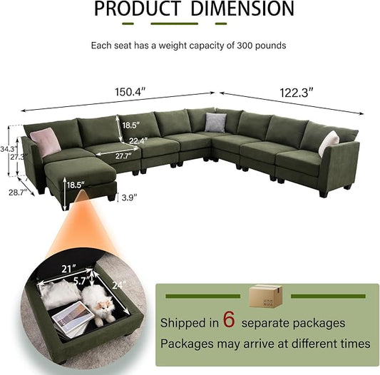 150.4" Large Sectional Couches for Living Room, 8 Seater L Shaped Modular Sectional Sofa with Storage Ottoman & USB, Oversized Corner Couch for Living Room（Green）
