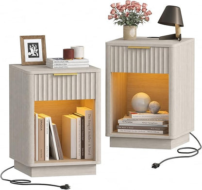 Akxomel Fluted Nightstands Set of 2, Wooden Night Stand with Charging Station and LED Light, Modern Mid Century Bed Side End Table with Drawer, 15" D x 15.7" W x 22.6" H, for Bedroom, White Alder