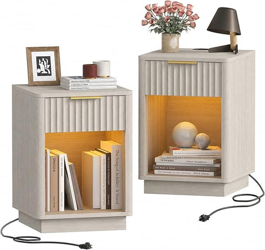 Akxomel Fluted Nightstands Set of 2, Wooden Night Stand with Charging Station and LED Light, Modern Mid Century Bed Side End Table with Drawer, 15" D x 15.7" W x 22.6" H, for Bedroom, White Alder
