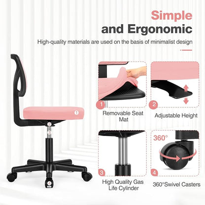 Sweetcrispy Small Desk Chair, Ergonomic Low-Back Mesh Rolling Work Swivel Chairs with Wheels, Armless Comfortable Seat Lumbar Support for Home, Bedroom, Study, Student, Adults,Classic Pink