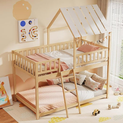Giantex Twin Over Twin House Bunk Bed, Low Loft Bed Frame with Roof, Wood Bunk Bed with Ladder & Full-Length Guardrails, Twin Floor Bed for Kids Teens Boys Girls, No Box Spring Needed (Natural)