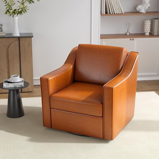 Faux Leather Swivel Accent Chair, 360° Swivel Upholstered Club Armchairs for Living Room, Comfy Single Sofa Reading Chair with Deep Seat, Metal Swivel Base, Light Brown