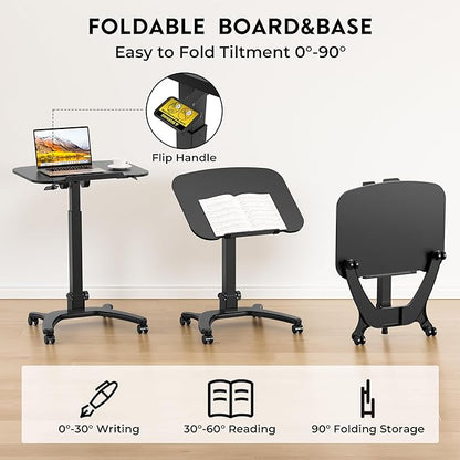BONTEC Mobile Foldable Standing Desk, Portable Adjustable Height Desk with Gas Spring, Small Rolling Laptop Desk with Wheels for Home, Office, Bedroom, and Medical Use, 25.6" x 19.7" Desktop, Black