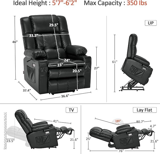 MCombo Large Dual Motor Power Lift Recliner Chair for Elderly, Zero Gravity Lift Chair with Heat and Massage, Infinite Position Lay Flat Recliner, USB Ports, Faux Leather 7896 (Black, Large)