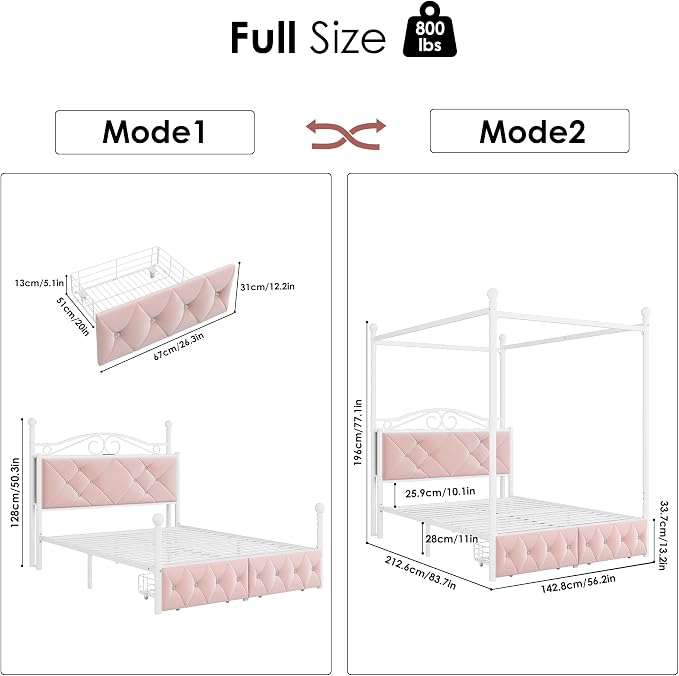 Full Upholstered Canopy Bed Frame with 2 Drawers & Crystal Tufted Storage Headboard Two-Purpose Metal Platform Bed with 4 Removable Posts & Charging Station Pink Princess Bed, Curtain Not Included