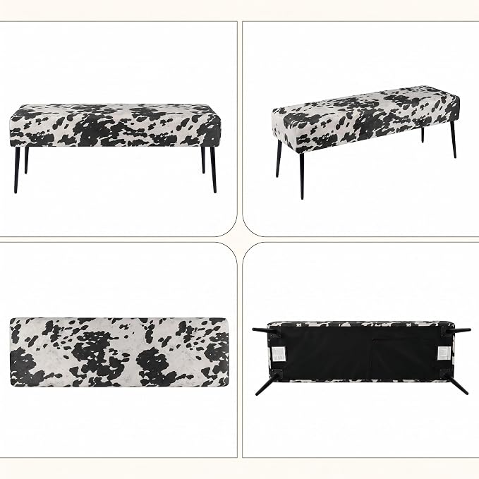 DUHOME Velvet Bench Ottoman, Upholstered Bedroom Benches Cow Print End of Bed Bench with Black Metal Base for Entryway Dining Room Living Room Bedroom, Black