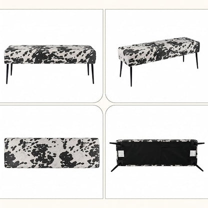 DUHOME Velvet Bench Ottoman, Upholstered Bedroom Benches Cow Print End of Bed Bench with Black Metal Base for Entryway Dining Room Living Room Bedroom, Black