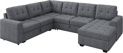 HONBAY Modular Sectional Sleeper Sofa with Pull Out Bed, U Shaped Sleeper Couches with Storage Chaise, 114'' Sleeper Sectional Sofas for Living Room, Apartment (Bluish Grey)