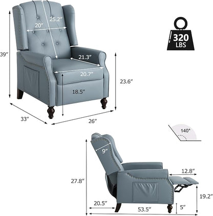 Wingback Recliner Chair with Massage and Heat, Tufted PU Leather Push Back Arm Chair for Living Room Vintage Recliner Chair with Remote Control, Padded Cushion, Backrest (Blue-PU)