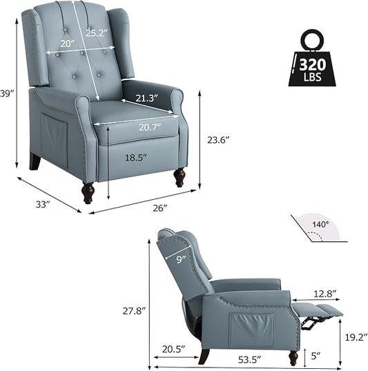 Wingback Recliner Chair with Massage and Heat, Tufted PU Leather Push Back Arm Chair for Living Room Vintage Recliner Chair with Remote Control, Padded Cushion, Backrest (Blue-PU)