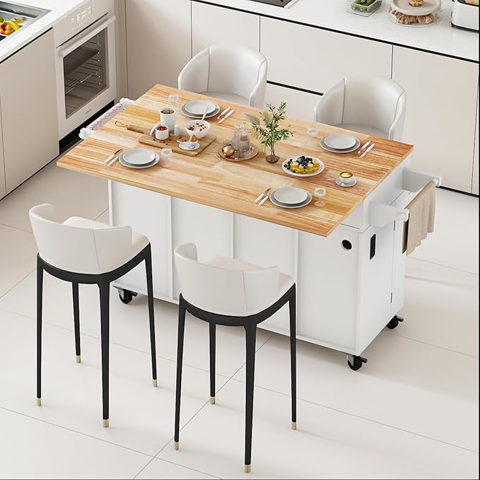59 Kitchen Island Cart with Drop Leaf Breakfast Bar, Rolling Mobile Kitchen Island Table on Wheels with Storage Cabinet, Drawer, Spice/Towel Rack, White