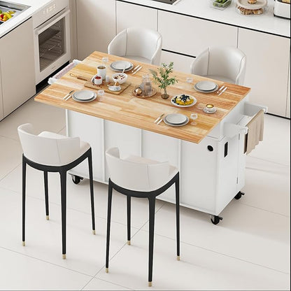 59 Kitchen Island Cart with Drop Leaf Breakfast Bar, Rolling Mobile Kitchen Island Table on Wheels with Storage Cabinet, Drawer, Spice/Towel Rack, White