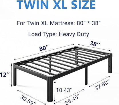 12 Inch High Platform Twin XL Bed Frames No Box Spring Needed, Metal Twin XL Bed Frame, Noise Free, Easy Assembly, Heavy Duty, Black