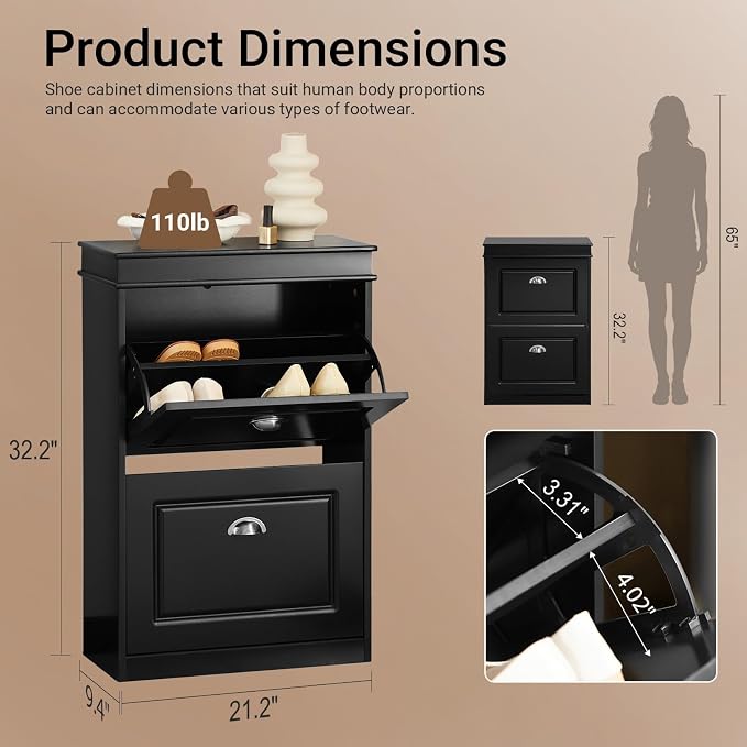 Haotian Small Shoe Cabinet, Black 2 Flip Drawers Freestanding Shoe Rack, Shoe Storage Cupboard Organizer (9.45" D x 20.87" W x 32.28" H), FSR78-SCH