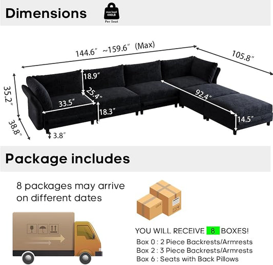 DreamDashio 159" 6-Seat L-Shaped Sectional Sofa for Living Room, Extra Large Modular Cloud Couch with Storage, Adjustable Arms & High Back, Dark Grey Chenille