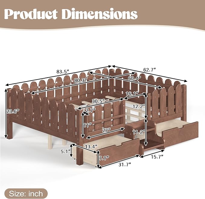 Bellemave Queen Kids Montessori Bed with Stairs, Bookshelf and LED Lights, Solid Wood Kids Bed Frame with Storage Drawers for Boys Girls, Low Profile,Deep Natural