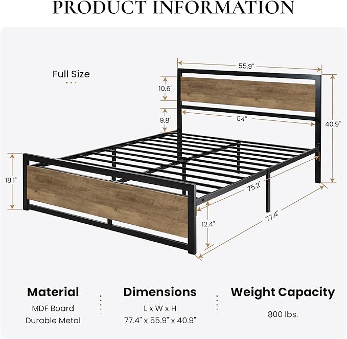 SHA CERLIN Heavy Duty Full Size Bed Frame with Modern Headboard，Brown | Platform Metal Base with Square Footboard and 13 Strong Slats Support, No Box Spring Needed