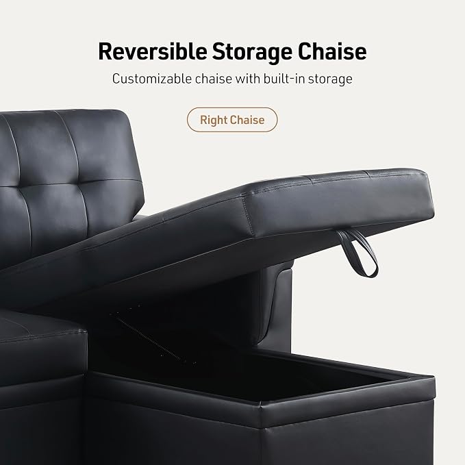 Lilola Home Lucca 84" Reversible Sleeper Sectional Sofa with Pull-Out Bed & Storage Chaise, Black Vegan Leather, Tufted Back, Modern Compact Couch for Living Room, Easy Assembly