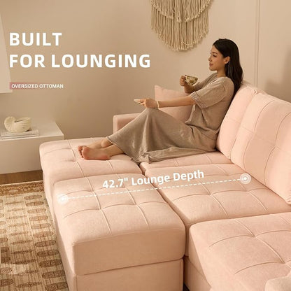 112" U Shaped Modular Cloud Sectional Couch, Waffle Fabric, Pink | Modular Deep Seat Sofa, Movable Ottoman, Pocket Spring Cushions, 2-Box Delivery, Living Room Lounge Use, Not Boneless