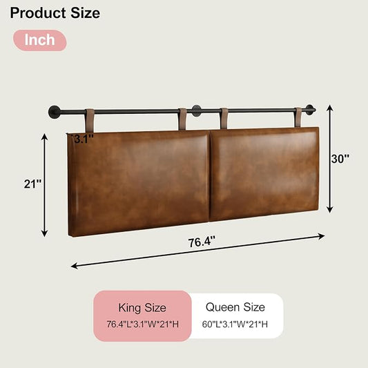 King Headboard, Wall Mounted Hanging Upholstered Soft Bed Head Board with Modern Design Faux Leather Headboards Ideal for Bedroom (Brown Leather, King
