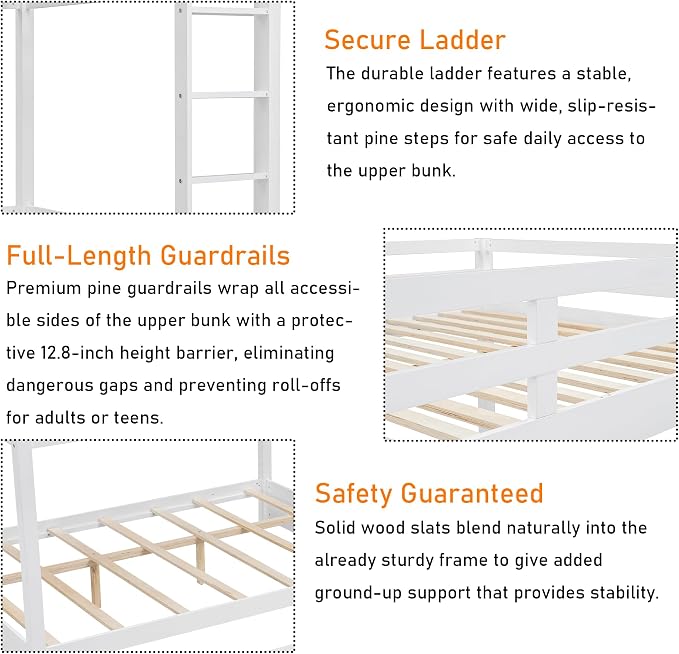 Merax Wood Queen Bunk Bed with Twin XL Trundle & Ladder - Space-Saving Design, Sturdy Frame & Guard Rails,White