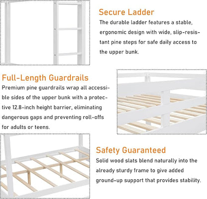 Merax Wood Queen Bunk Bed with Twin XL Trundle & Ladder - Space-Saving Design, Sturdy Frame & Guard Rails,White