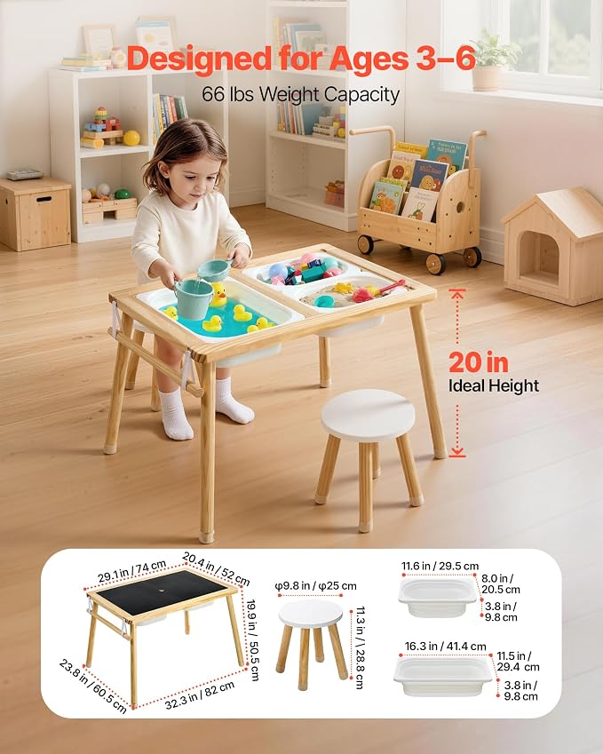 VEVOR Sensory Table for Toddlers, Wooden Kids Activity Table with 2 Stools, Double-Sided Board, Storage Bins, and Non-Slip Feet, for Boys and Girls Playing Sand and Water, Drawing, Studying, Dining