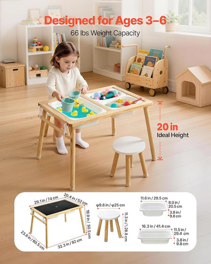 VEVOR Sensory Table for Toddlers, Wooden Kids Activity Table with 2 Stools, Double-Sided Board, Storage Bins, and Non-Slip Feet, for Boys and Girls Playing Sand and Water, Drawing, Studying, Dining