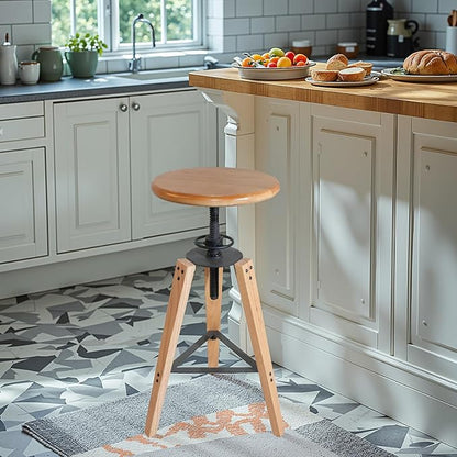 LOKKHAN Adjustable Height Swivel Bar Stool - Industrial Rustic Style, Solid Oak Wood Seat and Frame, 24.8"-28.7", Natural Finish, Anti-Slip Pads - Perfect for Kitchen, Bar, Counter, Home - Heavy Duty