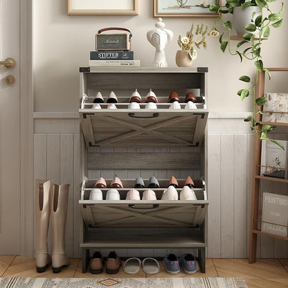 Maupvit 24" W Farmhouse Shoe Cabinet Storage for Entryway, Freestanding Organizer with 2 Flip Drawers, Narrow Shoe Rack Cabinet with Metal Corner Decoration, Washed Gray