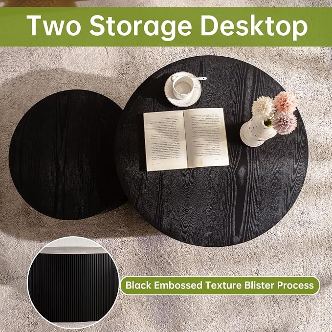 Round Nesting Coffee Table Modern Black Fluted Coffee Table Set of 2 Stripe Round Coffee Tables Drum Crescent Side Table Accent End Table for Living Room (Black B Large)
