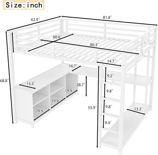 Bellemave Queen loft Bed with L Desk, Wardrobe, Metal Queen Size Loft Bed Frame for Adults, Kids, Teens, White