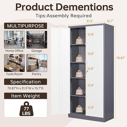 Metal Storage Cabinet with Lock,71" Garage Cabinets with 2 Doors and 4 Adjustable Shelves, Steel Locking Caninets Tall Tool Storage Cabnet, Lockable File Caninet for Home Office, Pantry