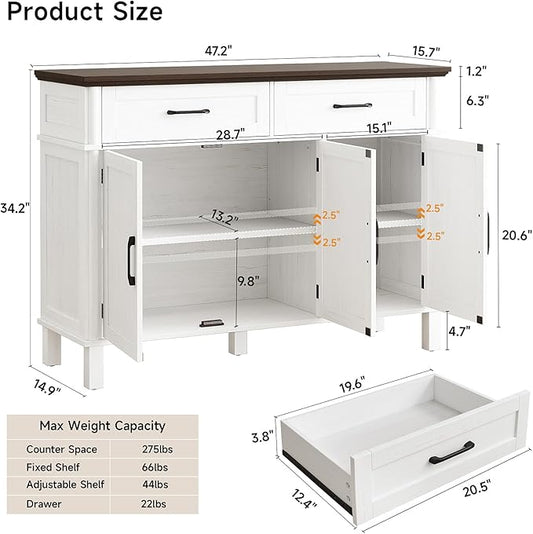 48 Inches Buffet Cabinet with Storage, Farmhouse Sideboard Buffet w/2 Drawers and 3 Doors, Wood Coffee Bar Cabinet with Adjustable Shelves, Sideboard Storage for Kitchen, Living Room, Off White