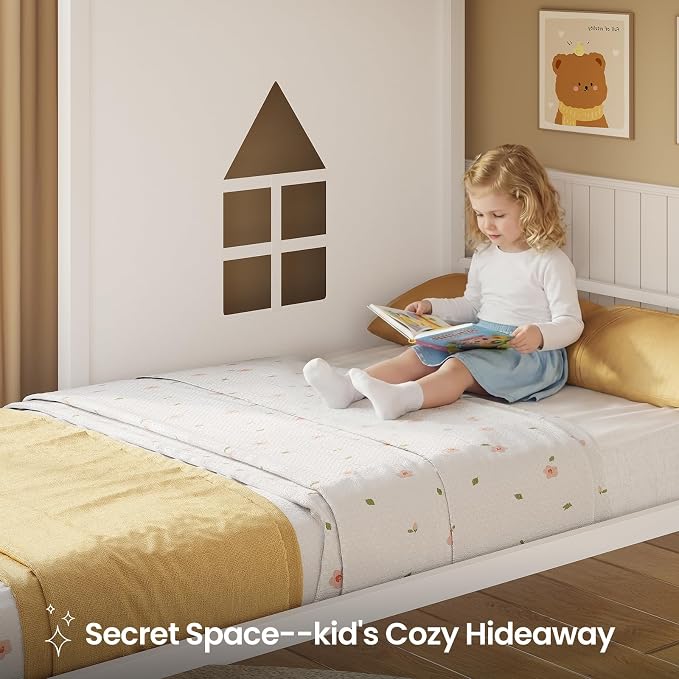 Hasuit Low Bunk Bed Twin Over Twin with Toy Storage Organizer-6 Removable Bins, Floor Bunk Beds with LED Lights, House Bunk Bed with Ladder & Guardrail, Metal L Shaped Twin Bunk Beds for Kids, White