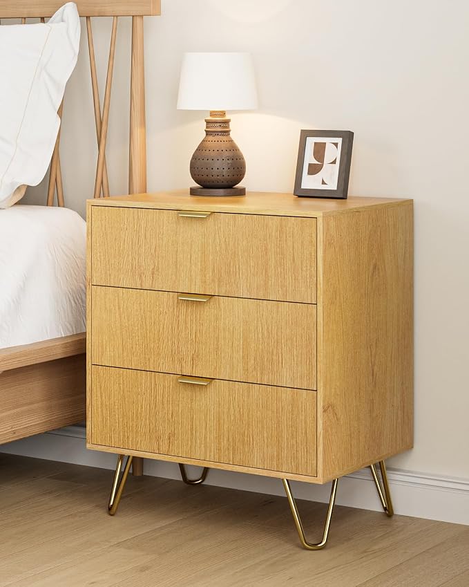Oak Dresser for Bedroom, Modern Fluted 3 Drawer Dresser with Storage, Dresser Chest of Drawers with Gold Handles for Bedroom, Living Room, Closet, Hallway, 15.8" D x 23.6" W x 27.6" H