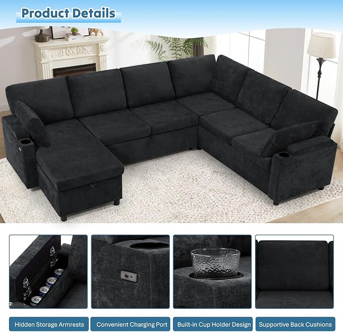 110" Chenille Sectional Sofa w/Pull Out Bed & Storage Chaise, Black | Reversible U Shape Sofa w/Storage Armrests & Cup Holders, Corner Couch w/USB Charging Port & Throw Pillows for Living Room