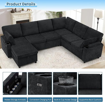 110" Chenille Sectional Sofa w/Pull Out Bed & Storage Chaise, Black | Reversible U Shape Sofa w/Storage Armrests & Cup Holders, Corner Couch w/USB Charging Port & Throw Pillows for Living Room