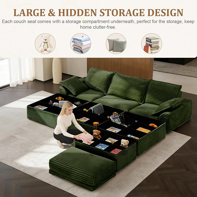 Upgrade Boneless Couch with Storage, Extra Deep&High Seat Modular Sectional Sofa 3 Seater L Shaped Cloud Couch with Ottoman, Tool-Free Assembly Sectional Couches for Living Room, Green