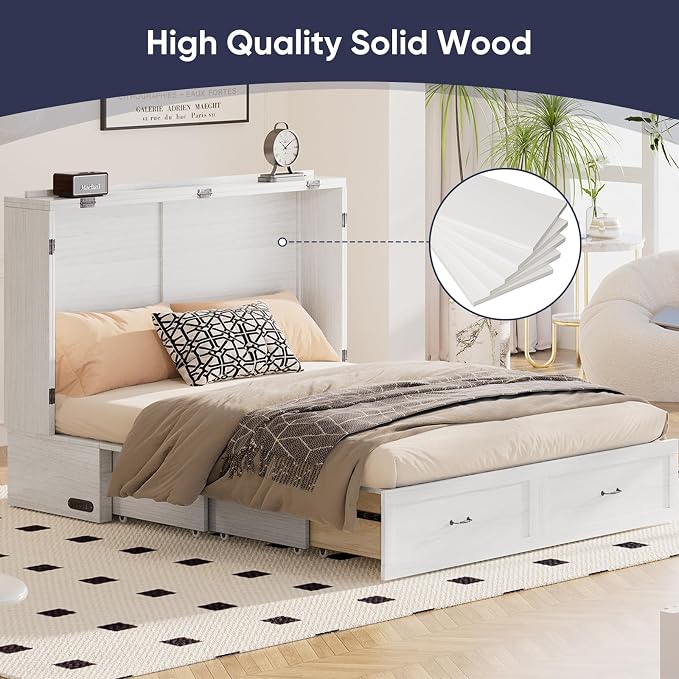 ijuicy Queen Murphy Cabinet Bed, with Mattress, Storage & Charge, White | Queen Murphy Bed Built-in multifunctional charging station & storage drawers, space-saving foldaway design for guest room.