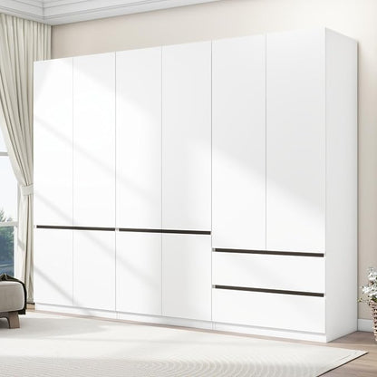 Armoire Wardrobe Closet with Drawers：75" Large White Wardrobe Closet Cabinet with 6 Doors for Hanging Clothes, Modern Wooden Bedroom Armoires with 2 Drawers and Storage(C+A+C, 94.5")