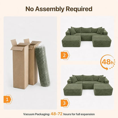 Claiks 94" Boneless Couch, Cloud Couch Sectional, U-Shape Corduroy Modular Sectional Sofa Deep Seat, Upholstered Couches for Living Room, No Assembly Required, Green
