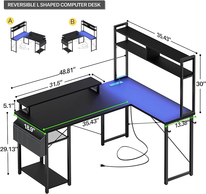 Aheaplus Small L Shaped Gaming Desk with LED Lights & Power Outlets, Reversible L-Shaped Computer Desk with Monitor Stand & Storage Shelf, Corner Desks Home Office Desk with Storage Bag, Black