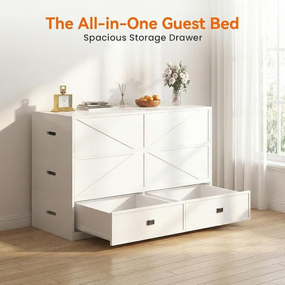 CECER 3-in-1 Queen Murphy Bed with Mattress for Small Space -White | Multi-Functional Desgin that Converts to Sofa Set，Bed and Cabinet，Easy Assemble ＆ Conversion