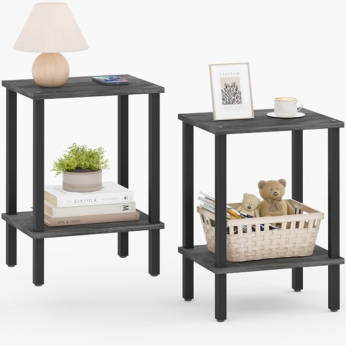 TUTOTAK End Table, Set of 2, Side Table, Nightstand, 2-Tier Storage Shelf, Sofa Table for Small Space, Living Room, Bed Room, Charcoal Grey TB01BY035(2PCS)