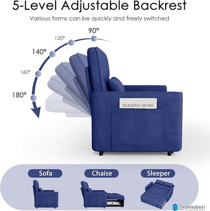 54'' Sleeper Sofa Bed, Convertible Pull Out Couch Futon for for Living Room,Apartment (Blue, Loveseat) Side Pockets, Velvet Fabric, Adjustable Backrest, Pull-Out Bed, Easy Assembly