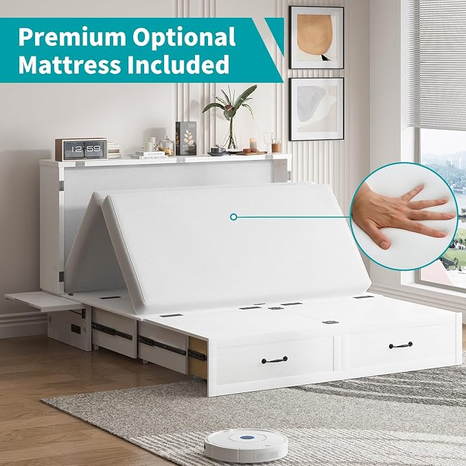 BALUS Queen Murphy Bed with Mattress, Cabinet Bed with Mattress & USB Charging Ports & Storage Drawers, Space-Saving Chest Murphy Beds, Hidden Cabinet Beds for Bedroom, Office - White